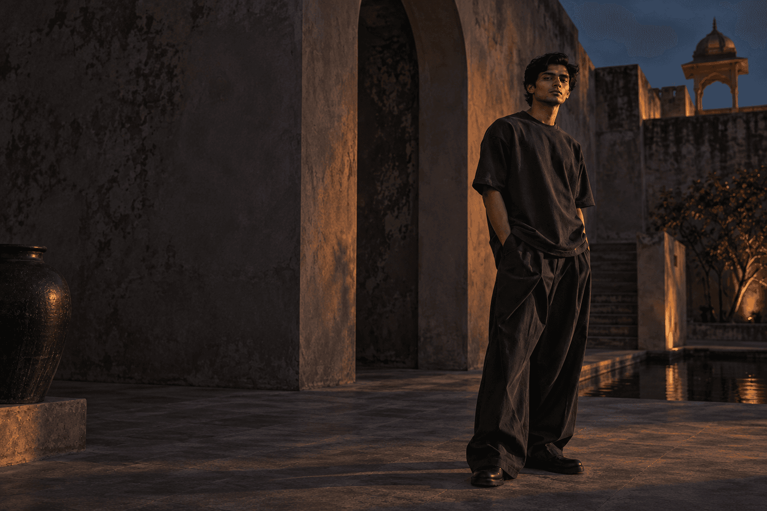 Streetwear editorial in a dark sandstone courtyard at dusk